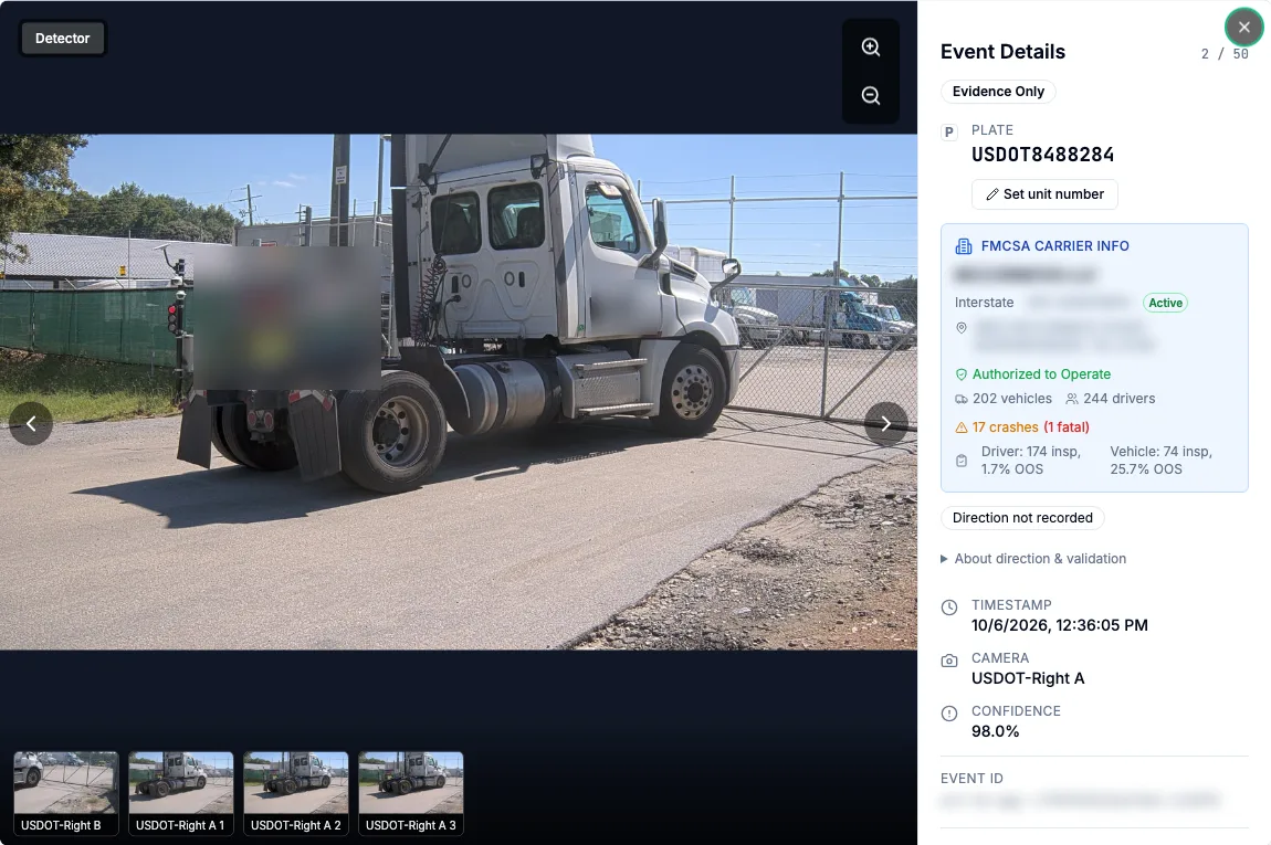 Event detail: truck photo at the gate beside the FMCSA carrier panel showing operating authority, fleet size and safety history